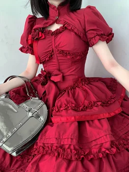 Sarkans Salds Lolita Princese Kleita Kawaii Pils Stilu, Mežģīnes Priekšgala Pasaku Cosplay Gothic Puse Mini Kleitas Lolita Jsk Apģērbs