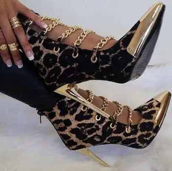 Sexy leopard 10cm duncis papēži zābaciņi metāla ķēdītes, zelta norādīja toe cut-outs potītes zābaki sieviešu kleitu, kurpes izmērs 35-41 TT301