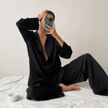Sexy Zemas Frekvences Modes Pidžamas Komplekts Sievietēm Zaudēt Gadījuma Garām Piedurknēm Bikšu Kostīmi Cietā Satīna Zīda Sieviešu Mājās, Kas Aprīkotas Tops 2-Pce
