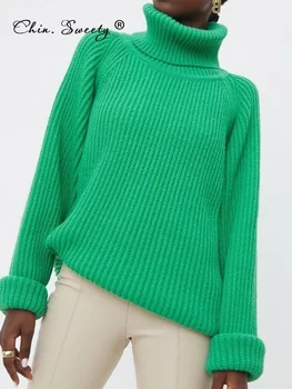 Sieviešu augstu uzrullētu apkakli ar garām Piedurknēm Džemperis Adītas Zaļā Gadījuma Sieviešu 2022 Rudens Ziemas Džemperis Elegantas Dāmas Džemperi Džemperi