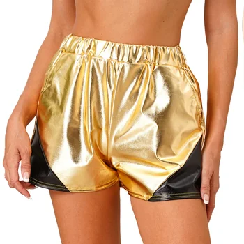 Sieviešu Deju Boyshorts Rave Puse Clubwear Metāla Spīdīgu Karstā Bikses Elastīgas Vidukļa Sānu Kabatas Vaļīgas Bikses, Mirdzoša Karstā Bikses