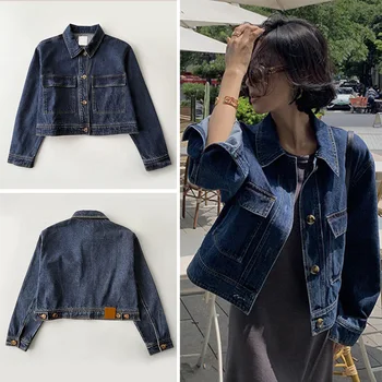 Sieviešu ins blogeris ar T0teme dubultās kabatas īsu siluets džinsa jaka rudens jaunu gadījuma modes džinsa jaka