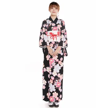 Sieviešu Japāņu Tradicionālo Kimono Melnā Krāsā ar Ziedu Izdrukas Yukata Cosplay Kostīmu Fotogrāfija Kleita 9pcs Komplekts