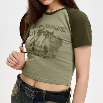 Sieviešu Kultūru T-Krekls Y2k Topi Bērnu Kokvilnas T-Veida Kaķis Drukāt Slim Grafiskais Vasaras Korejas Modes Harajuku Streetwear Īsām Piedurknēm Tee