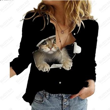 Sieviešu Long piedurknēm Krekls Brīvs un Casual Stila Šifona Kreklu Cat Modelis Drukāt Elpojošs un Ērts Sieviešu Elegants Tops