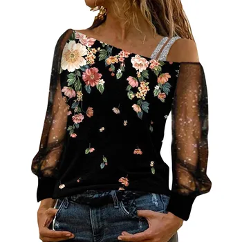 Sieviešu Modes Gadījuma Sequin Izdrukāt Plecu Pamata Top Digitālo 3D Drukāšanas Fitnesa Krekls Zaudēt Streetwear lielās Ielas Apģērbs