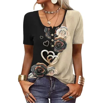 Sieviešu Modes Iespiests T-Krekls Dāmas Vasaras Topi ar Īsām Piedurknēm Džemperis Gadījuma Pogu Krekli Sieviešu