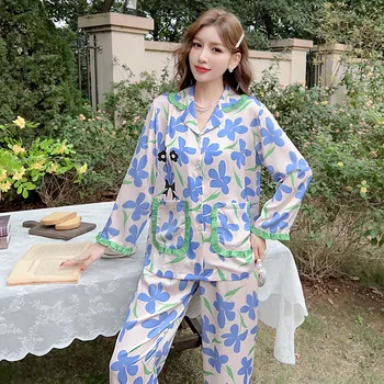 Sieviešu Satīna Zilu Ziedu Drukāt Sleepwear Long Sleeve Pidžamas Komplekts Loungewear Soft Gadījuma Mājas Drēbes Naktsveļu