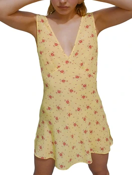 Sieviešu Vasaras Tvertne Mini Kleita ar Ziedu Drukāt V-veida Kakla Piedurknēm Backless Tie-up Slim Pludmales Kleita