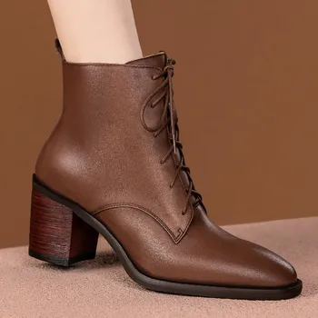 Sieviešu īstas ādas mežģīnes-up sānu zip rudens potītes zābaki 7cm biezs augsta papēža apaļu purngalu OL style īsi zābaciņi 2023 jaunas kurpes