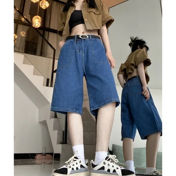 Sieviešu Īsās Zils, Cieta Vasaras Augsta Vidukļa Džinsus Y2K Baggy Taisni Pieciem Punktiem Bikses Streetwear Vintage Džinsa Plaša Kāju Bikses