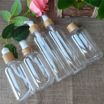 Skaidrs,/amber/matētas plastmasas pudeles ar bambusa vāku, plastmasas tonera ūdens klp pudelē šampūns un kondicionieris uzpildāmas pudeles