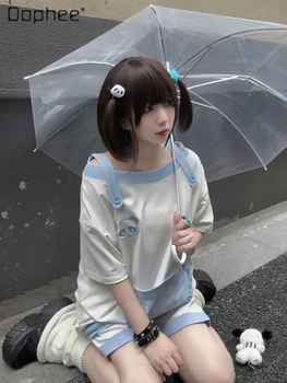 Skaista Meitene Kawaii Drēbes Sievietei Panda Off-Plecu Izšuvumi Ūdens Krāsu T-krekls Japāņu Krāsu Bloku Īsām Piedurknēm Tee Augšu