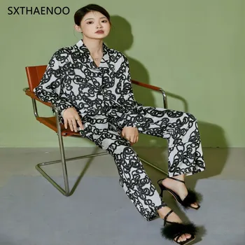 SXTHAENOO Sieviešu Pijama garām Piedurknēm Modes Drukāt Sieviešu Vaļēju Bikšu Kostīms Ledus Zīda Pidžamas Sieviešu Sleepwear Pijama Mujer