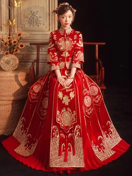 Tradicionālo Ziedu Phoenix Izšuvumi Pušķis Ķīniešu Cheongsam Elegants Līgava Precēties Kleitu uz Pāris Kāzām Uzvalku китайская одежда