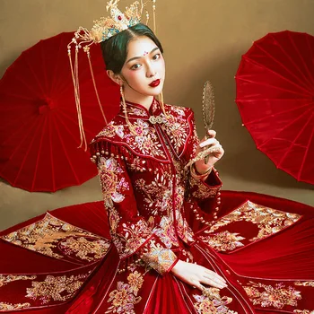 Tradicionālā Ķīniešu Stilā Sievietēm Ziedu Izšuvumu Kāzu Kleitu Grauzdiņš Apģērbs Vintage Puse Kleita
