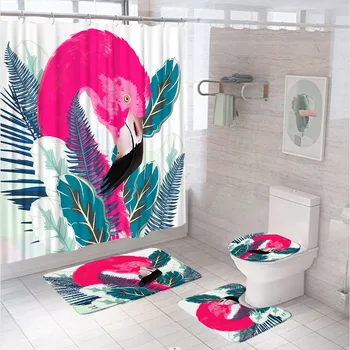 Tropu Flamingo Dušas Aizkaru Komplektus Zaļā Palmu Banānu Lapām Akvarelis, Vannas Istabas Aizkarus Ar Neslīdošu Paklāji Tualetes Vāka Vannas Paklājiņš