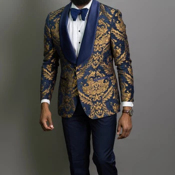 Tumši Zila Ziedu Žakarda Balli Vīriešu Uzvalki, Kāzu 3 Gabals Slim Fit Līgavainis Uzvalku Āfrikas Vīriešu Modes Kostīms Jaka, Bikses