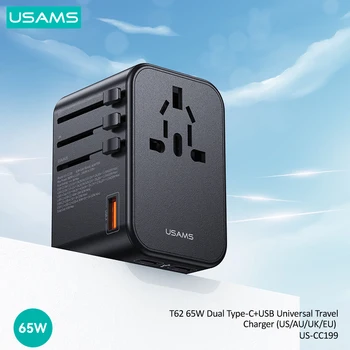 USAMS T62 Universal Travel Lādētāju Strāvas Adapteri Rozetes Pārveidotājs, Sienas Lādētājs 65W Dual C Tipa USB ES UK AU Plug MUMS