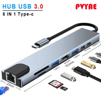 USB C Hub Tipa C 3.1 4K HDMI-Saderīgam RJ45, USB, SD/TF Card Reader PD Ātrās Uzlādes 8-in-1 USB Doks MacBook Air, Pro DATORU, CENTRMEZGLU