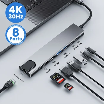 USB C RUMBAS C Tipa Sadalītājs Ar HDMI saderīgas 4K Thunderbolt 3 dokstacija, Laptop Adapteris Ar PD SD TF RJ45 Par Macbook Air