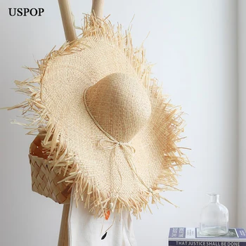 USPOP Jauno vasaras cepures sievietēm, rafija saules cepures modes negludas malas, salmu cepures loku super platām malām pludmales cepures