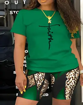 Vasaras Apģērbs Šorti Komplekti Womem 2023 Modes Baroka Leopard Apkalpes Kakla Drukāt Īsām Piedurknēm Augšu un Causual Bikses Kopa