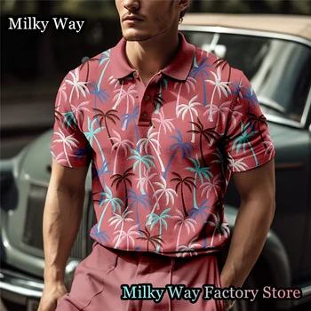 Vasaras Vīriešiem Vintage Hawaii Polo Krekls Vīriešu Ikdienas Pogu, Atloks, Topi, T-Veida, Kokosriekstu Koku Drukāt Apģērbs Vīriešu Modes Golfa Streetwear