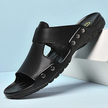 Vasaras Īstas Ādas Vīriešu Čības Lielie Izmēri Vīriešiem kurpes 2022 Jaunu Paslīdēt uz Ikdienas Apavi Āra Mens Slaidi Comfy Pludmales Sandales