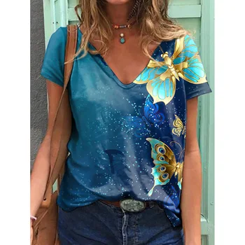 Vasarā Sievietēm Kawaii Tauriņš T Krekls Ziedu Raksts, 3D Druka Tee Dāmas Modes Apģērbu ar Īsām Piedurknēm Streetwear V-veida Kakla Top