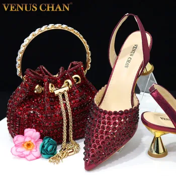 Venus Chan Norādīja Toe Papēži Sievietēm 2023 Elegants Puse Vīna Krāsu Pilna Dimanta Sūkņi, itāļu Kurpes un Somas atbilstošo kopas