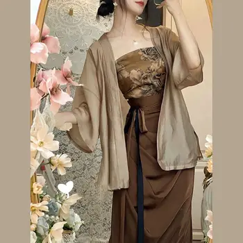 Vintage 3Pcs Hanfu Brūna Ķīniešu Stila Apģērbs Kimono&cami&svārki Uzvalks Sexy Pie Pleca Cheongsams Sieviešu Drukas Kleita Komplekts
