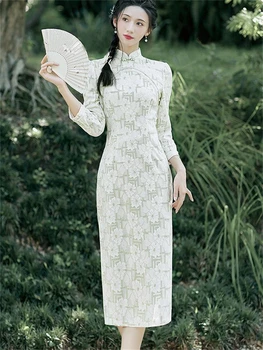 Vintage Mandarīnu Apkakli, Augstu Sadalīt Cheongsam Ķīniešu Stilā Tradicionālo Apģērbu Kleita Kokvilnas Qipao Vestido