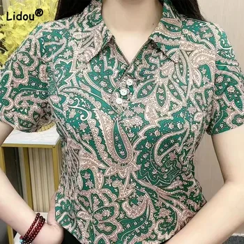 Vintage Modes Iespiesti Polo-veida Kakla T-krekls Sieviešu Apģērbu Vasaras Gadījuma korejas Pogu Savienoti ar Īsām Piedurknēm Topi, Sieviešu
