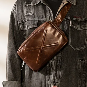 Vintage modes luksusa roku darbs dizainers pirmais līmenis pātagot vīriešu krūšu soma ikdienas āra sporta genuien ādas messenger bag