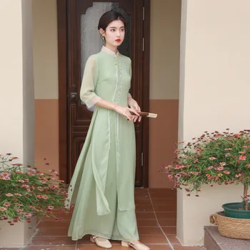 Vintage Ķīniešu Stilā Izšuvumi Stand Apkakli Vasaras Kleita ar Uzlabotu Hanfu un Zen Tēja Pakalpojumu Uzvalks