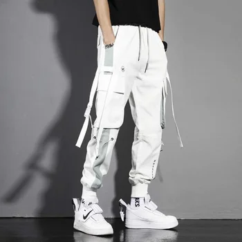 Vīrieši Kravas Bikses Melnas Lentes Harēma Joggers Gadījuma Kokvilnas Streetwear Hip Hop Kabatām Dziesmu Bikses Harajuku Jūra Modes Bikses