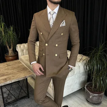 Vīriešu Uzvalki 2 Gabali Augstas Kvalitātes Svītrainu Uzvalku Dubultā Krūtīm, Uzvalkā Biznesa Gadījuma Kāzu Līgavainis Groomsmen Apģērbi