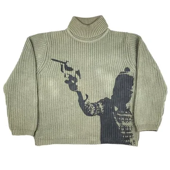 Vīriešu Vintage Adīt Džemperi rudens/Ziemas Džemperis Džemperis augstu uzrullētu apkakli Unisex Y2K Harajuku Lielgabarīta Džemperis Drukāt Šiks Estētika