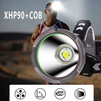 XHP90 COB LED Lukturis Lāpu USB Lādējamu Lukturu 2500 Lūmenu Medību Laternu Uzlādes Indukcijas lielos attālumos, Alumīnija Gaismas