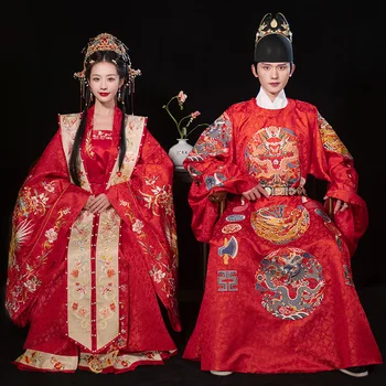 XuHui Sākotnējā Ming Dynasty Red Ķīniešu Tradicionālā Kāzu Kleita Vīrieši Sievietes Pāris Pūķa Izšuvumu Apaļu Kakla Ilgi Drēbes Hanfu