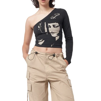 Y2k Sieviešu T-krekls Viena-pleca ar garām Piedurknēm Crop Topi Pavasarī, Rudenī Gadījuma Portreta Druka T Kreklu Punk Gothic Streetwear Clubwear