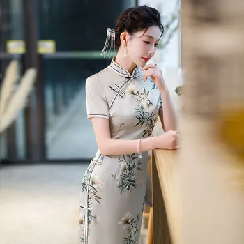 Yourqipao Vasaras Vidū-garums Uzlabota Cheongsam Meitenēm Retro Modes Elegants Qipao Ķīniešu Stilā Vakara Kleita Sievietēm