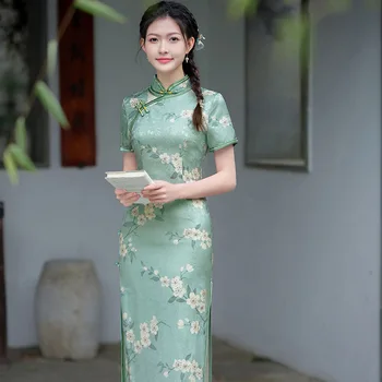 Yourqipao Vasaras Zaļā Uzlabota Cheongsam Ilgi Retro Svārki Eleganti Maigs Modes Qipao Ķīniešu Stilā Vakara Kleita Sievietēm