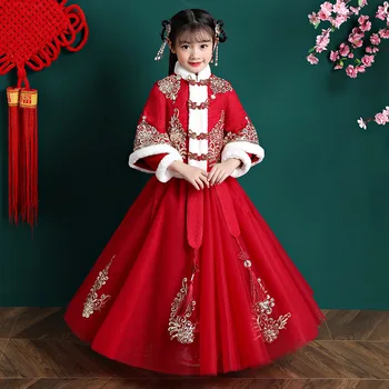 Ziemas Bērnu Kokvilnas Veļu Jaunā Gada Kleitu Bērni Ķīnas Jauki Tradicionālo Seno Hanfu Meitenes Izšuvumi Tang Uzvalks