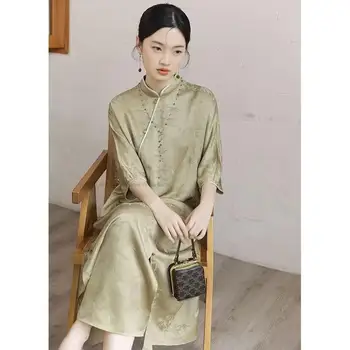 Ķīnas Retro Satīna Qipao Sieviešu Ziedu Drukāt Elegants Vintage Cheongsam Kleita Etniskā Tradicionālo Valsts Ķīniešu Kleita