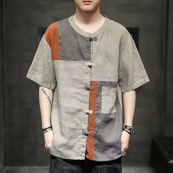 Ķīniešu Stila Izšuvumus, Sprādzes Tintes Īsām piedurknēm T-krekls Vīriešu Vasaras Tradicionālo Apģērbu Valstu Gadījuma Hanfu Retro Augšu