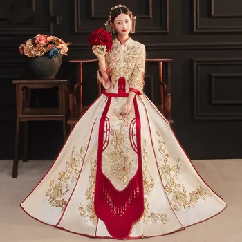 Ķīniešu Stilā Dragon Phoenix Izšuvumi Apģērbs Tradicionālā Kāzu Kleita Cheongsam Qipao Sarkanā Sieviete Kleita