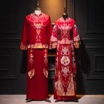 Ķīniešu Stilā Pāris Red Phoenix Izšuvumi Qipao Kāzu Kleitu Cheongsam Tradicionālo Līgava Seno Laulību Tērpu Apģērbs