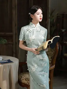 Ķīniešu Tradicionālā Kleita Ar Īsām Piedurknēm Sievietēm Ziedu Drukāt Qipao Slim Eleganta Gara, Augsta Sadalīt Cheongsam